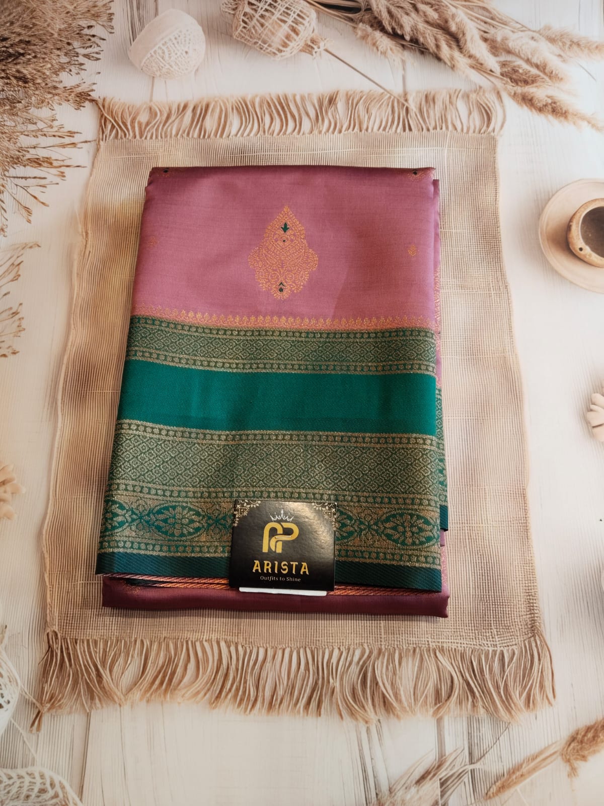 Baby Pink & Green Semi Cotton Silk Saree with Golden Zari Border