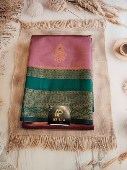 Baby Pink & Green Semi Cotton Silk Saree with Golden Zari Border