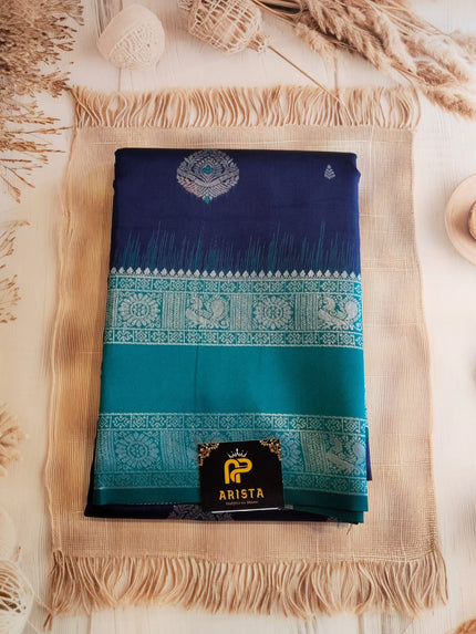 Navy Blue & Rama Green Semi Cotton  Silk Saree with Silver Zari Border