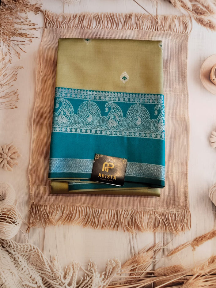 Mehandi Green & Rama Green Semi cotton  Silk Saree with Silver Zari Border