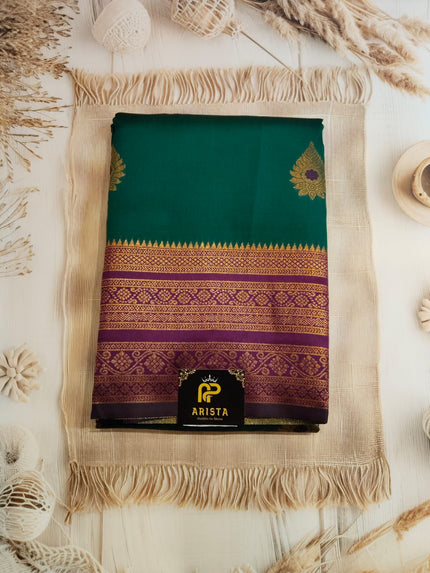 Green & Dark Pink Semi Cotton Silk Saree with Golden Zari Border