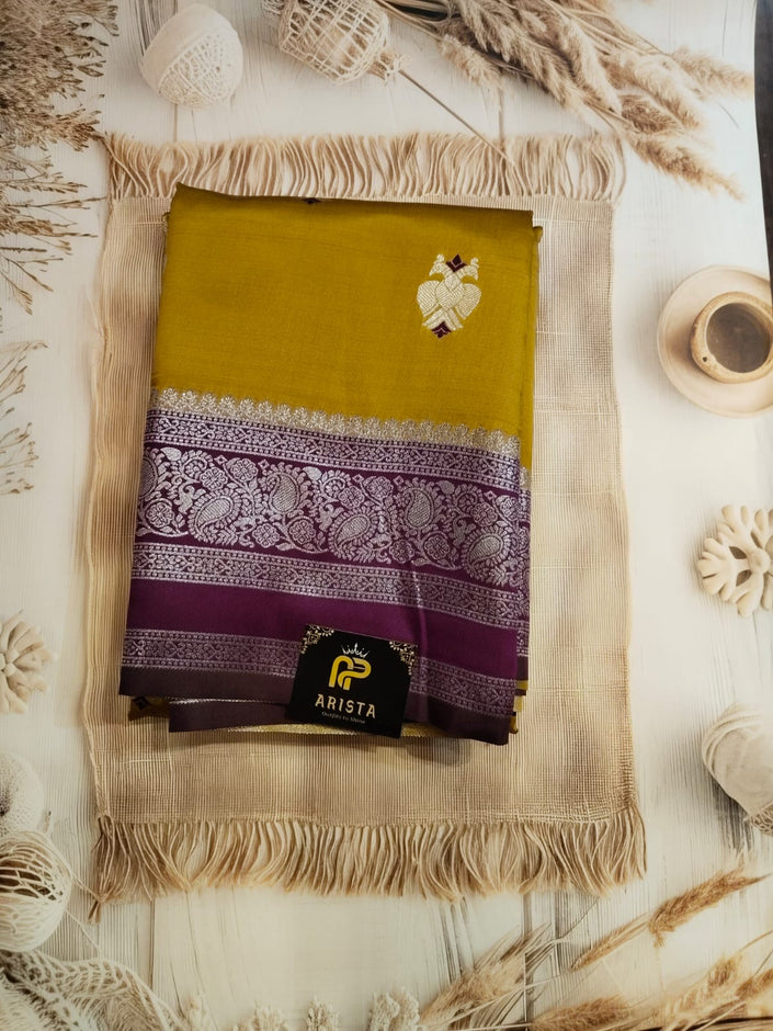 Mustard Yellow & Dark Pink Semi Cotton  Silk Saree with Golden Zari Border