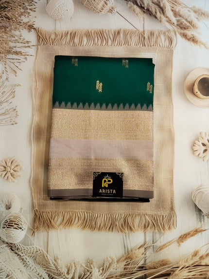 Green & Baby Pink Semi Cotton  Silk Saree with Golden Zari Border