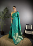 Soft Lichi Silk Saree with golden zari/Rama Green