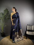 Soft Lichi Silk Saree with golden zari/Navy Blue