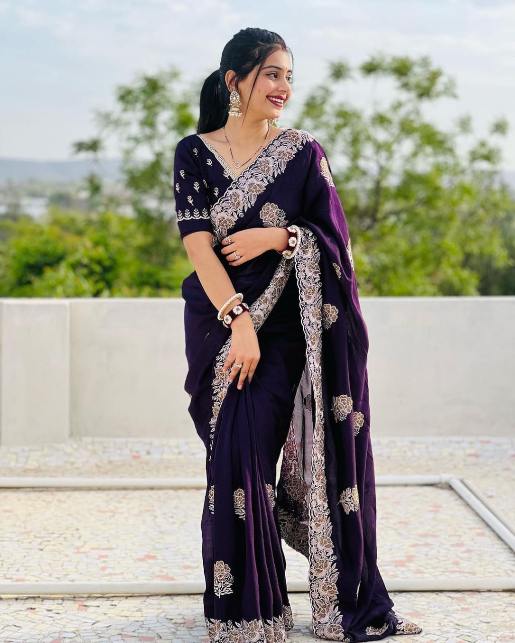 Vichitra Silk Saree with Stone work/Wine