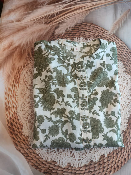WHITE AND SOFTGREEN  FLORAL PRINTED 3PCS SET