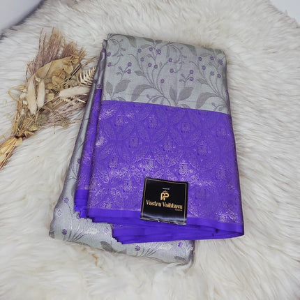 Pure Kanchipuram Silk Saree – Elegant Silver Grey With Royal Purple Contrast