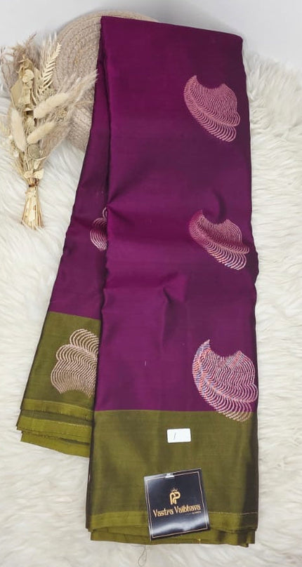 Pure Kanchipuram Silk Saree – Plum Purple With Olive Green