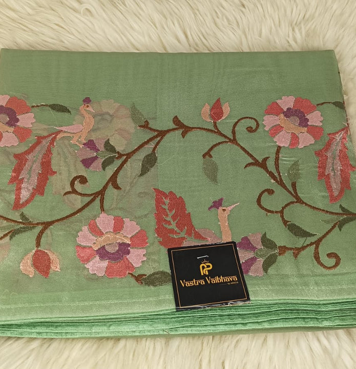 Pure Tissue Floral Thread Work Saree- Light green