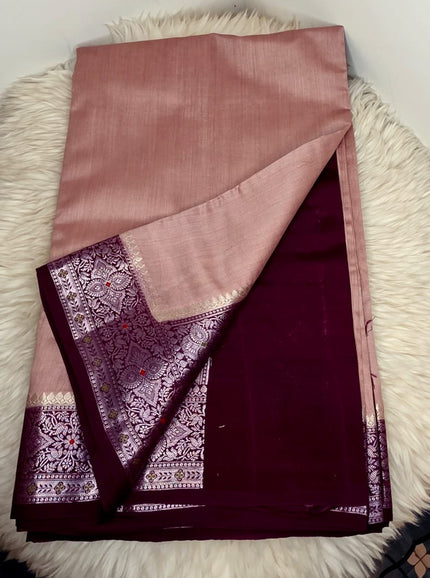 Pure Chiniya Silk Saree - ONION PINK & BROWN