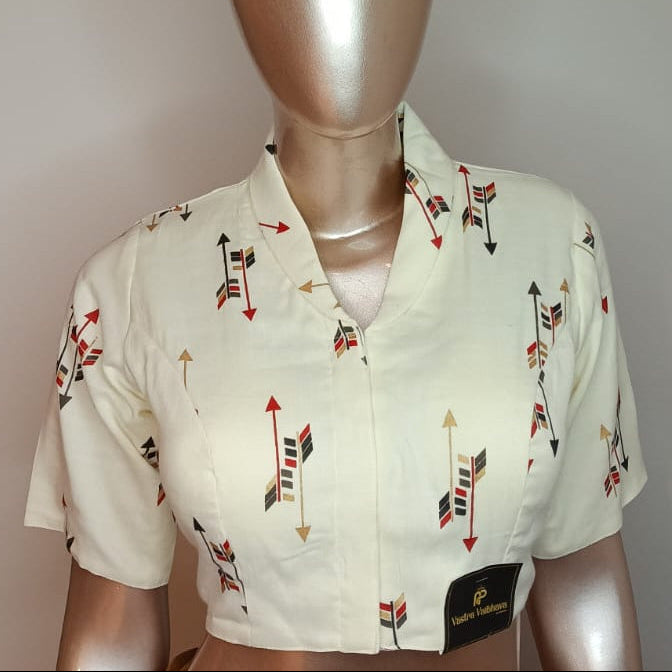 Cotton Printed Blouse- Cream