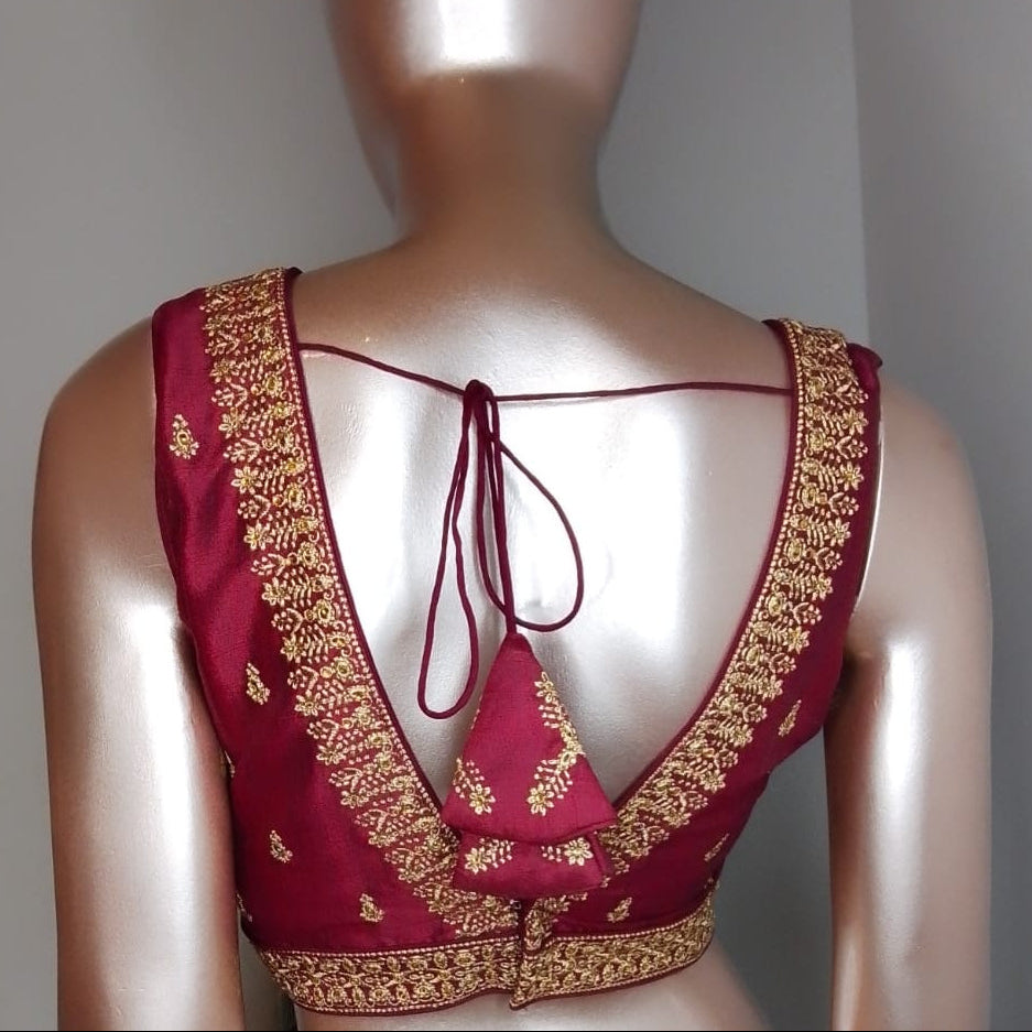 Raw Silk Thread Work V-Neck Blouse