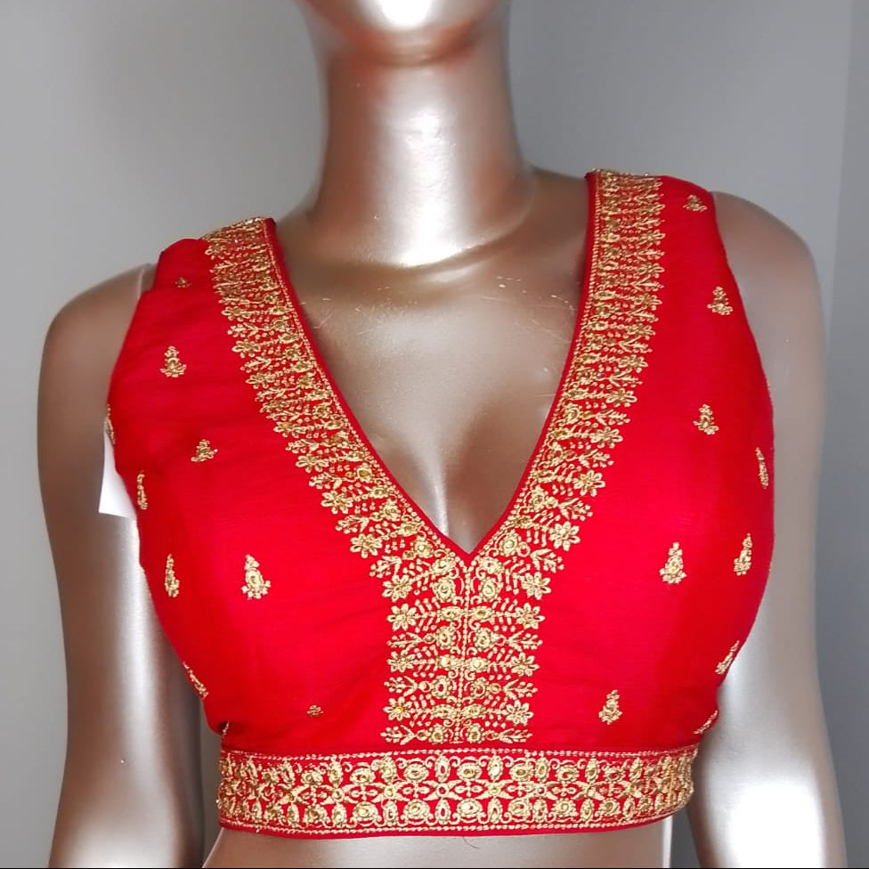 Raw Silk Thread Work V-Neck Blouse