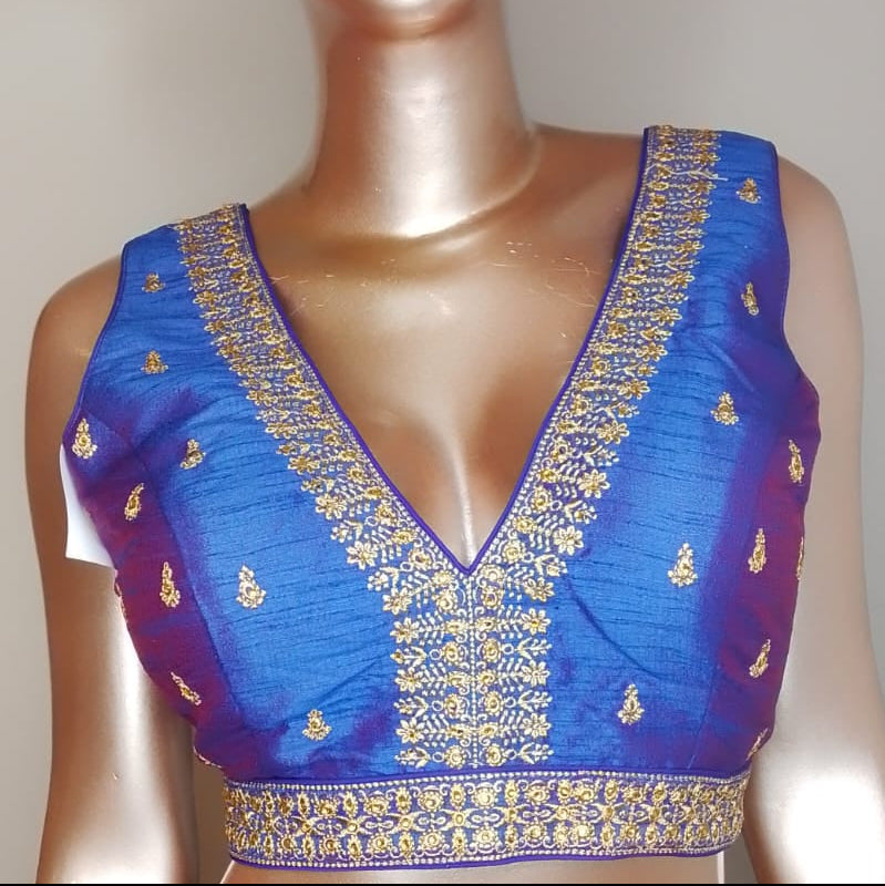 Raw Silk Thread Work V-Neck Blouse