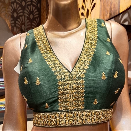 Raw Silk Thread Work V-Neck Blouse