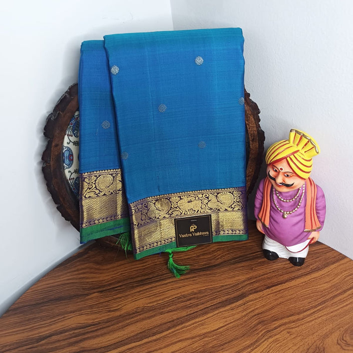 Pure Kanchipuram Silk Saree – Peacock Blue with Rich Maroon & Gold