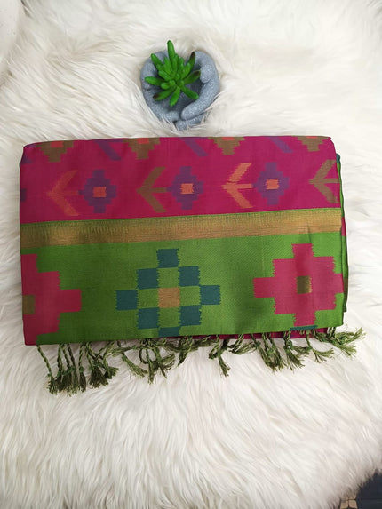 Soft Silk Pochampally Ikat Saree with Contrast Pallu & Tassels