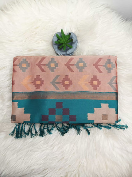 Soft Silk Pochampally Ikat Saree with Contrast Pallu & Tassels