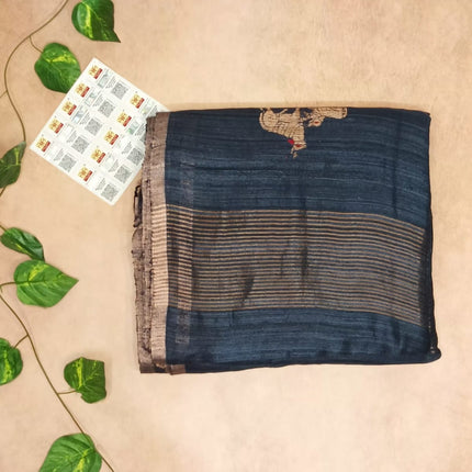 Pure Matka Silk Pichwai Print Saree- Midnight Blue
