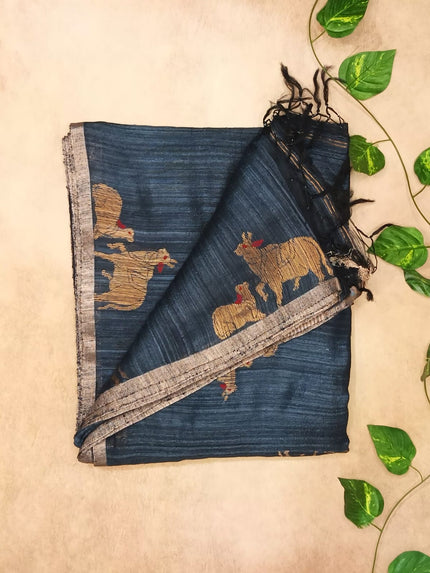 Pure Matka Silk Pichwai Print Saree- Midnight Blue