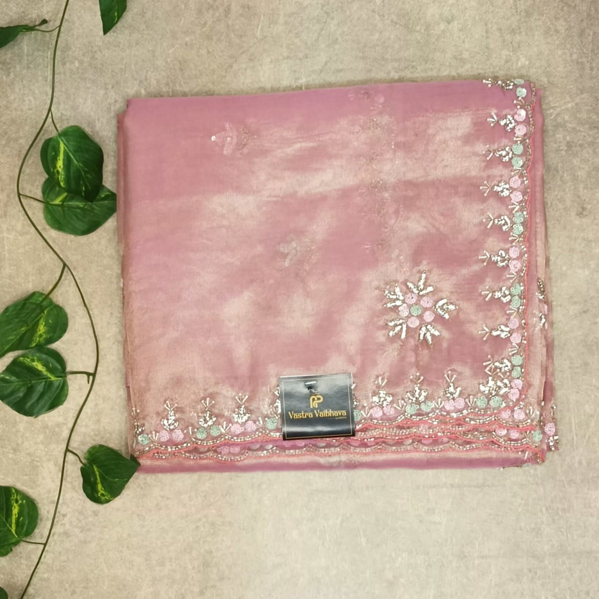 Pure Kora Tissue Saree - Onion Pink