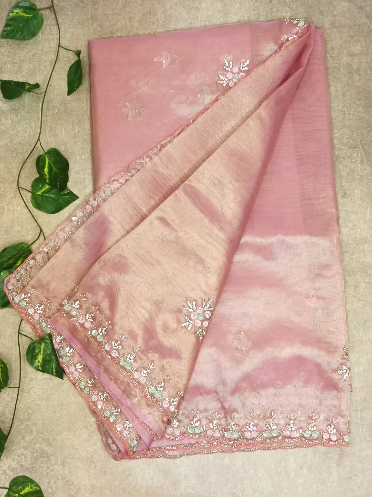 Pure Kora Tissue Saree - Onion Pink