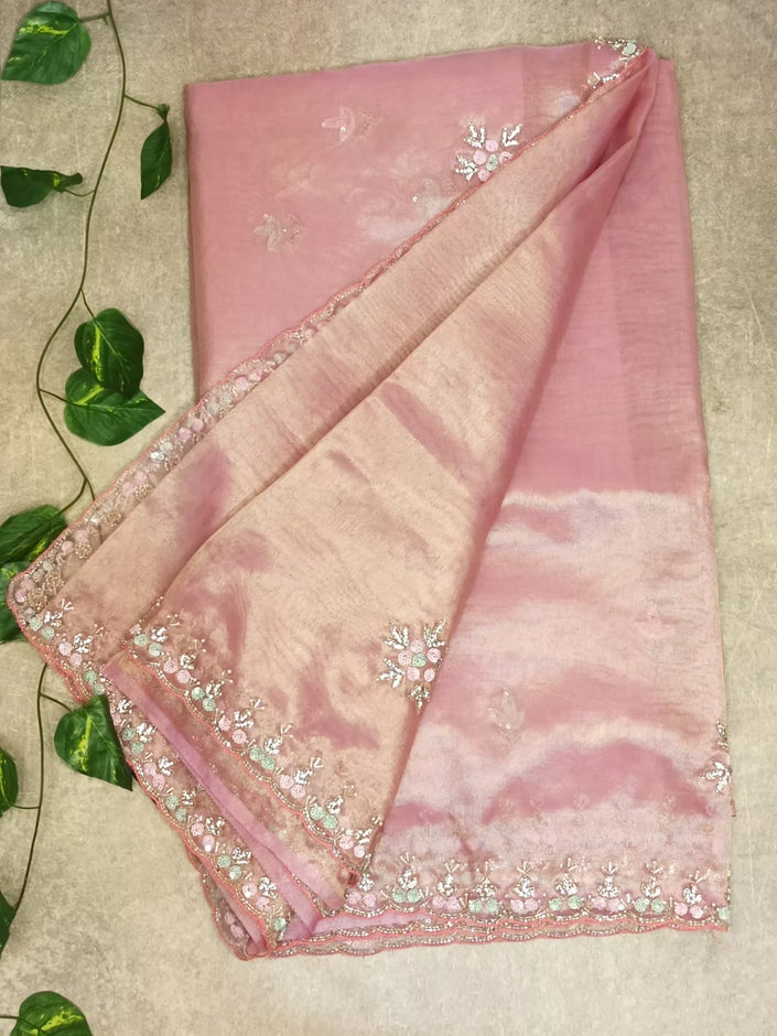 Pure Kora Tissue Saree - Onion Pink