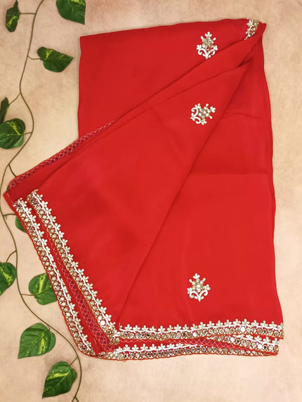 Pure Organza Embroidered Handwork Saree- Red