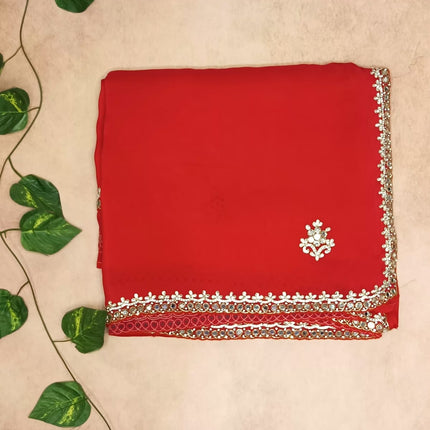 Pure Organza Embroidered Handwork Saree- Red