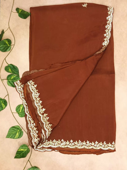 Pure Organza Handwork Saree- Brown