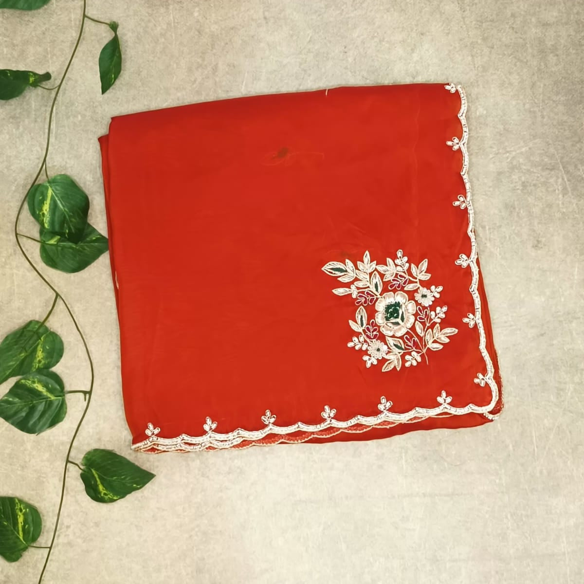 Pure Organza Saree with Handwork- Red
