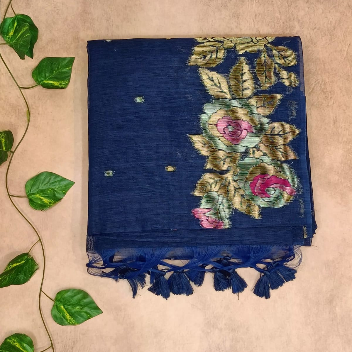 Pure Linen Saree – Elegant Floral Weave Collection
