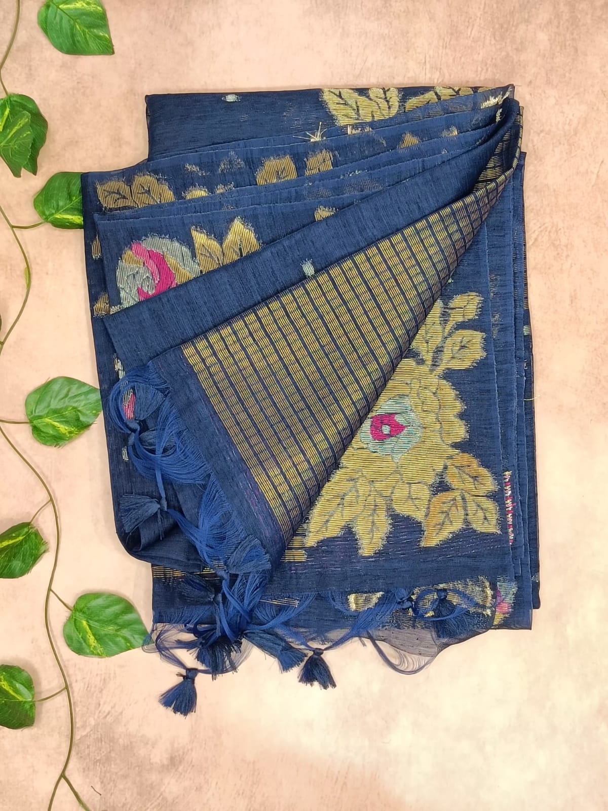 Pure Linen Saree – Elegant Floral Weave Collection
