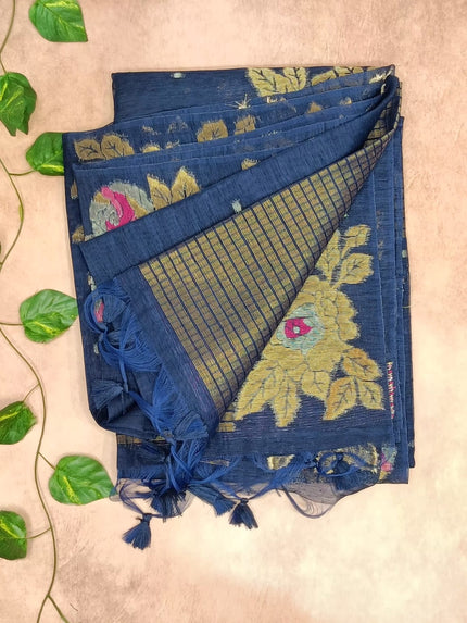 Pure Linen Saree – Elegant Floral Weave Collection