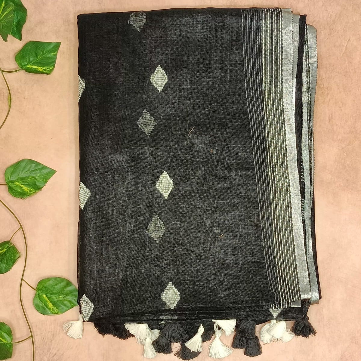 Pure Linen Saree – Minimal Diamond Weave Collection
