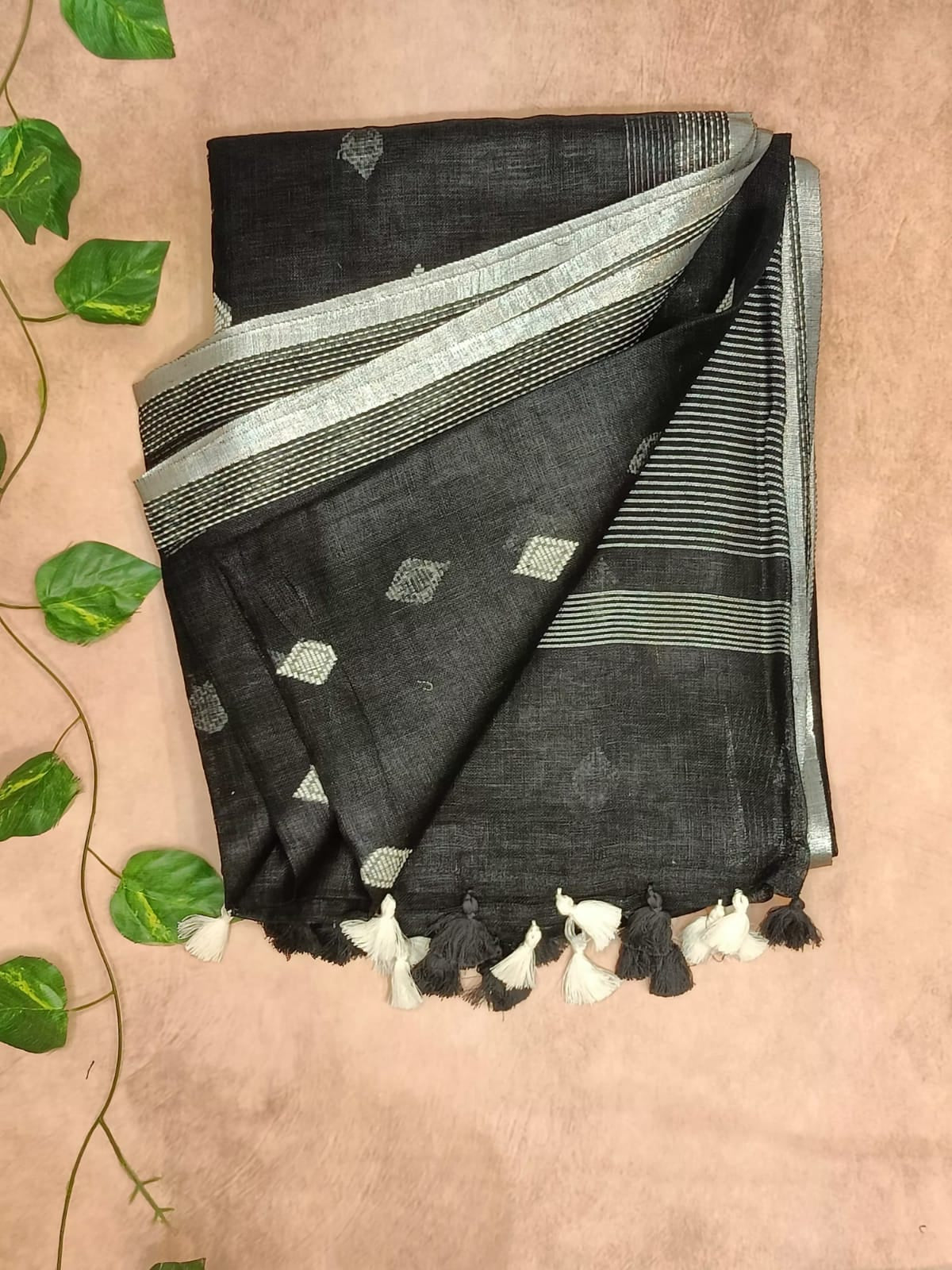 Pure Linen Saree – Minimal Diamond Weave Collection