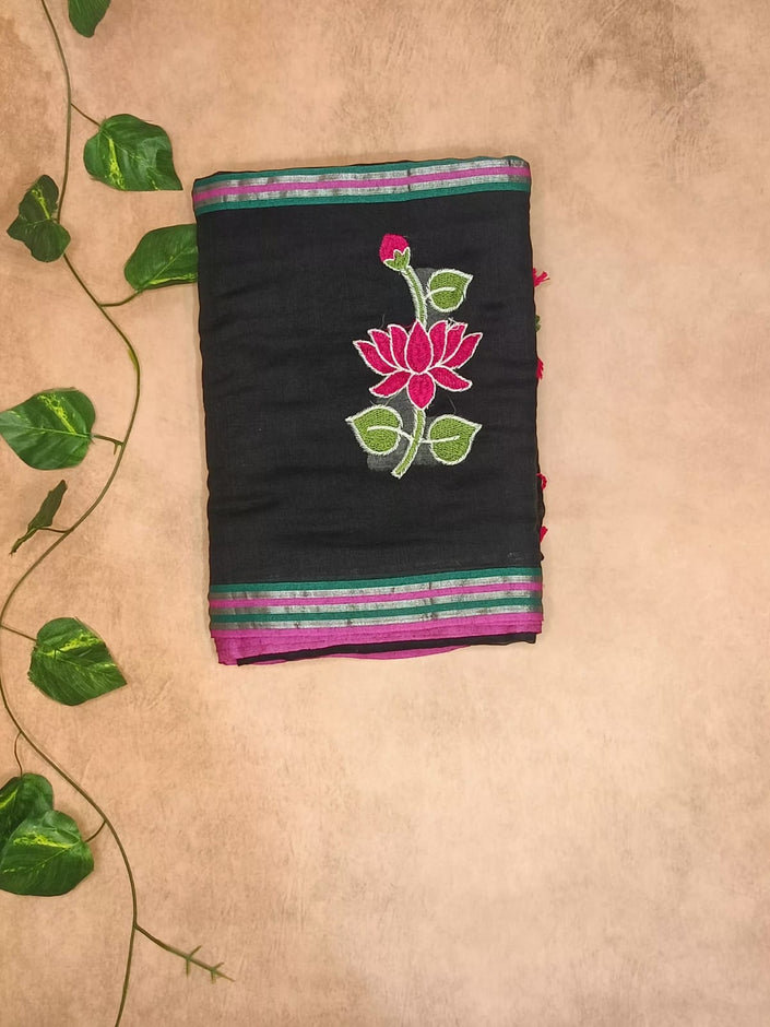 Lotus Mul Cotton Appliqué Work Saree