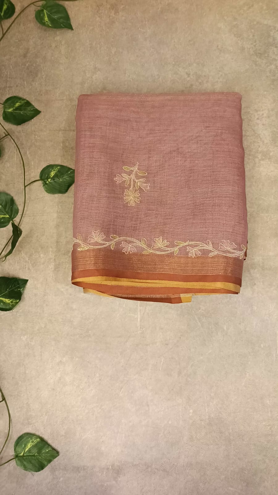 Pure Linen Saree with Elegant Stitch Work