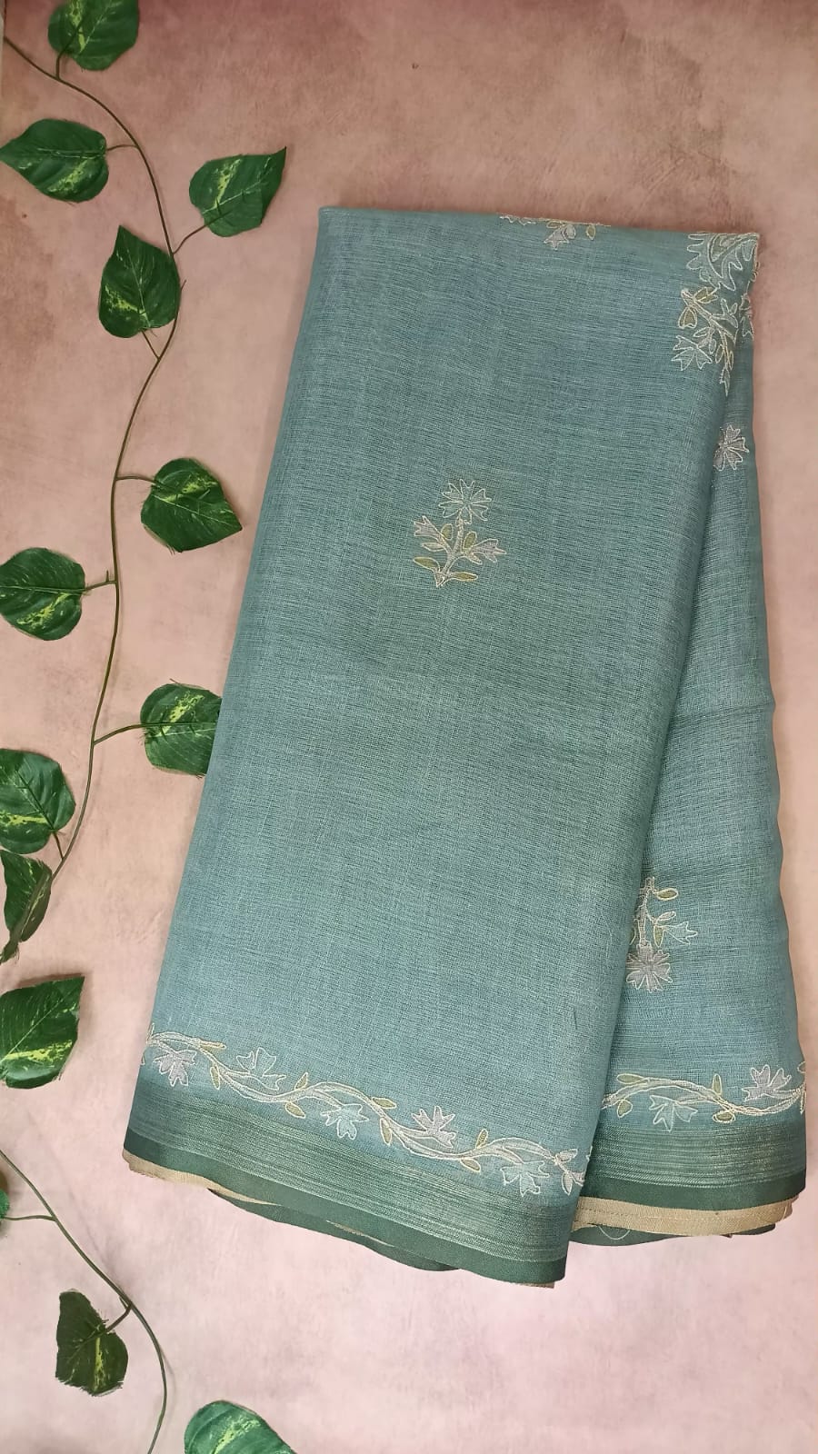 Pure Linen Saree with Elegant Stitch Work