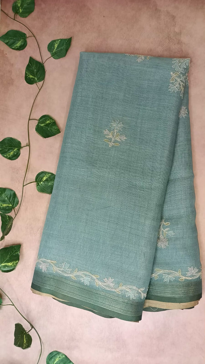 Pure Linen Saree with Elegant Stitch Work