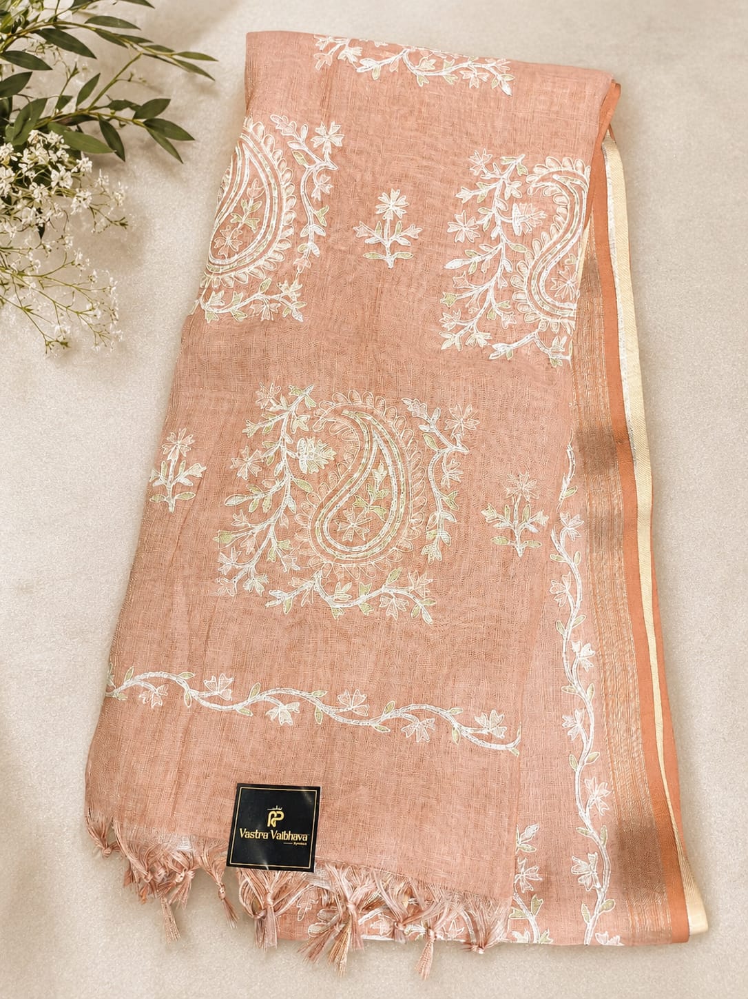 Pure Linen Saree with Elegant Stitch Work