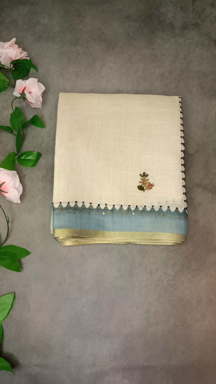 Pure Linen Katha Work Saree