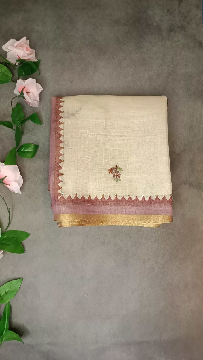 Pure Linen Katha Work Saree