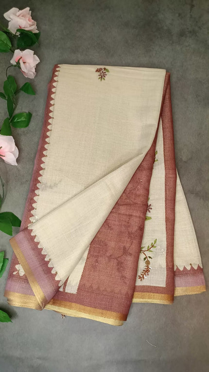 Pure Linen Katha Work Saree
