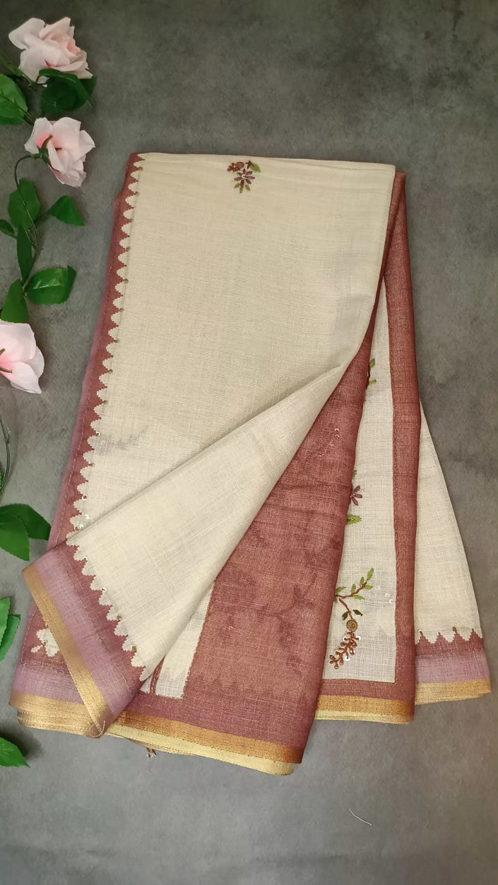 Pure Linen Katha Work Saree