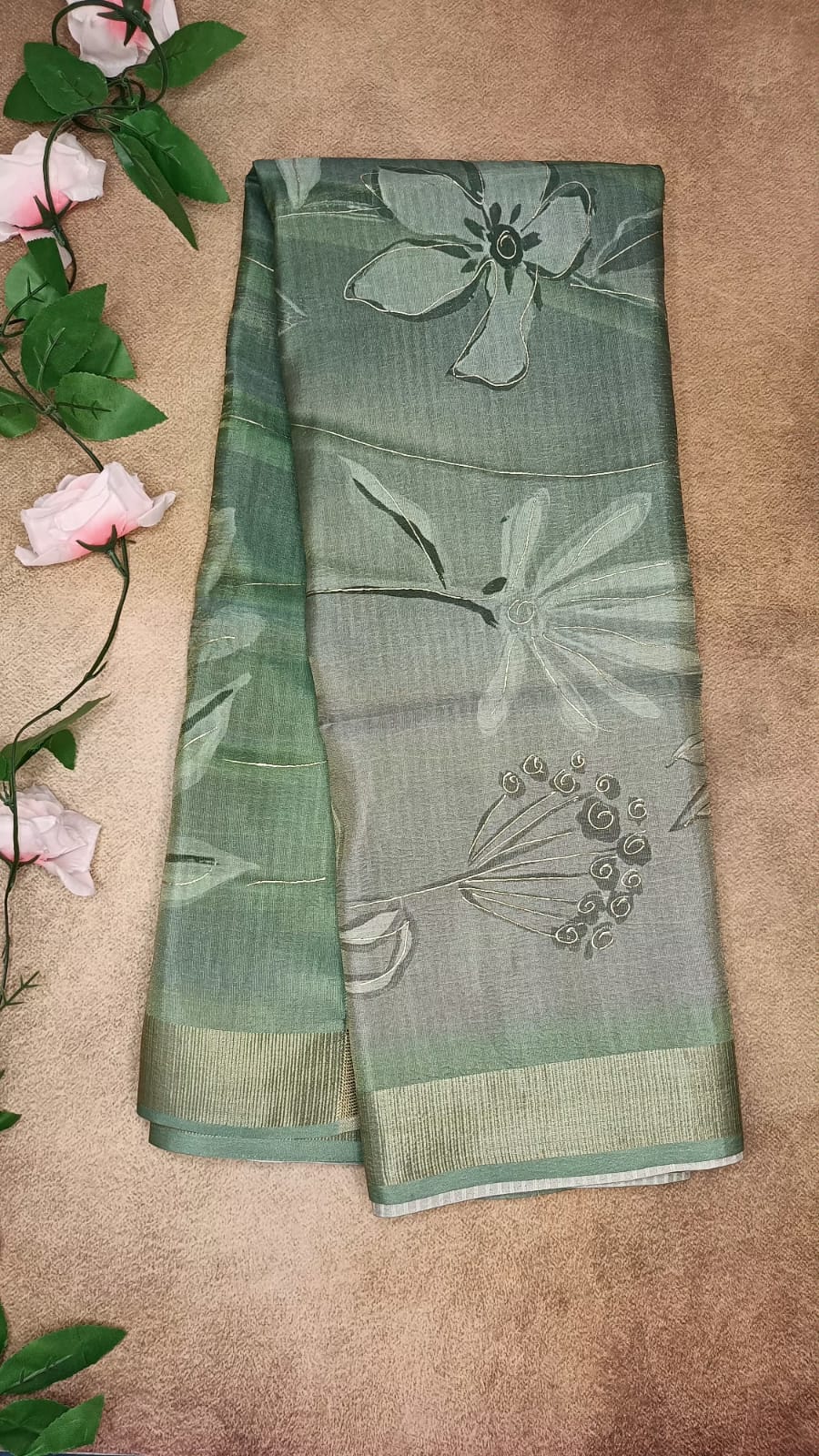 Crushe Tissue Digital Printed Saree - Sea Green