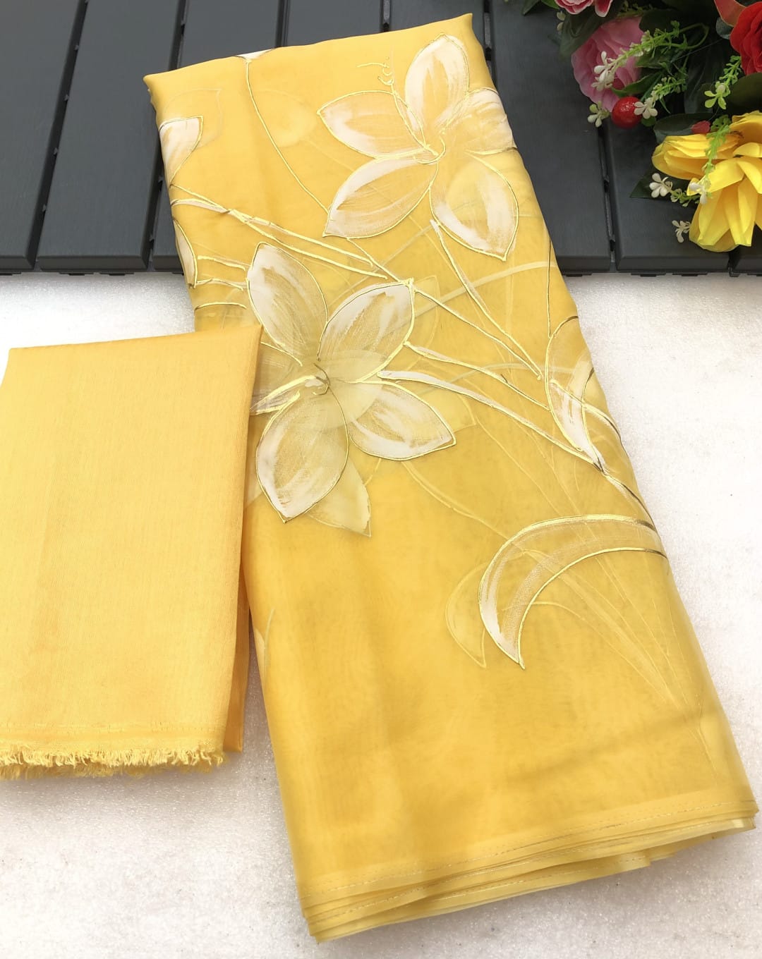 Yellow Organza Saree with White Floral Embroidery
