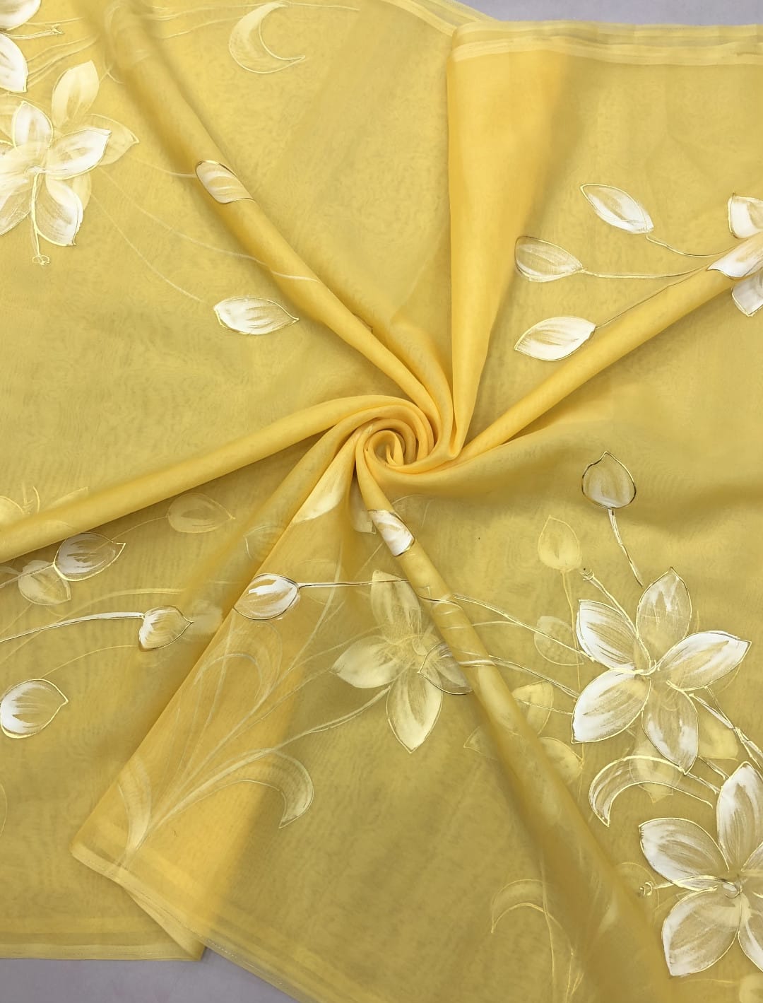 Yellow Organza Saree with White Floral Embroidery