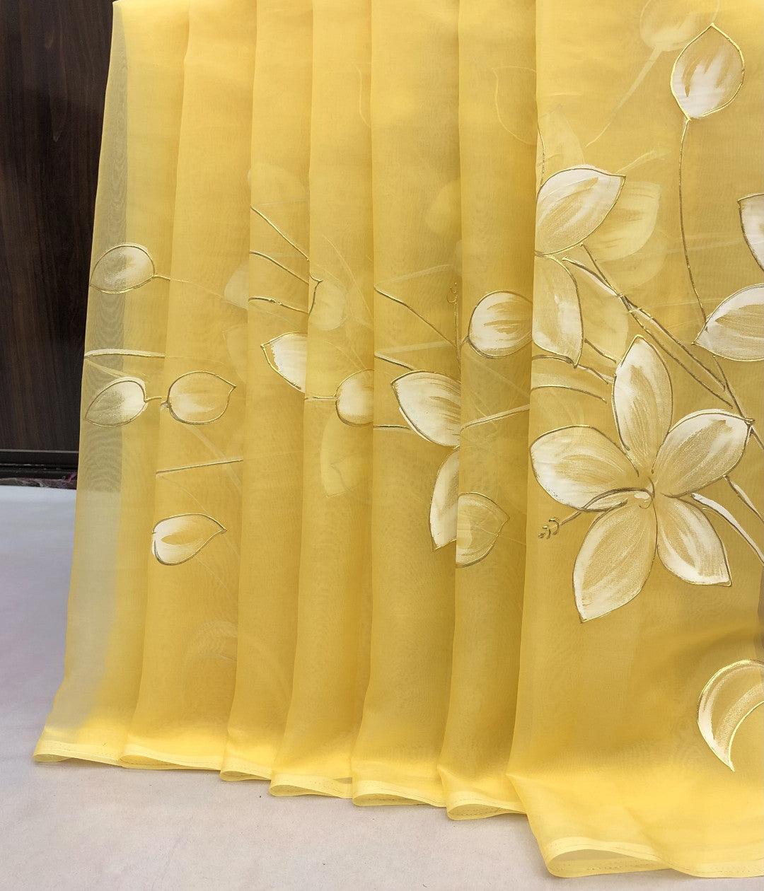 Yellow Organza Saree with White Floral Embroidery